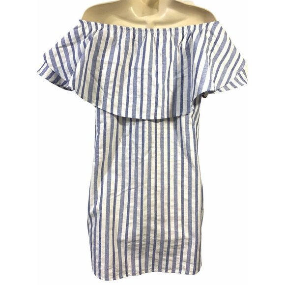 Bellamie Off The Shoulder Tunic Dress Striped Pom Pom Linen Blend Fun Small - Picture 11 of 11